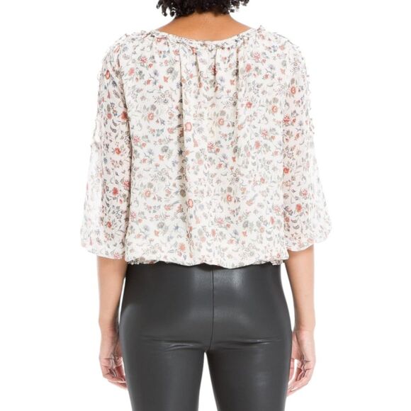 Max Studio -602 Georgette Elbow Sleeve Cold Shoulder‎ Blouse Cream Floral XS - Picture 8 of 12